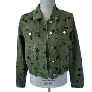 Jou Jou Star Print Women's SZ L Green Black Cropped Jacket Military Fun Classic